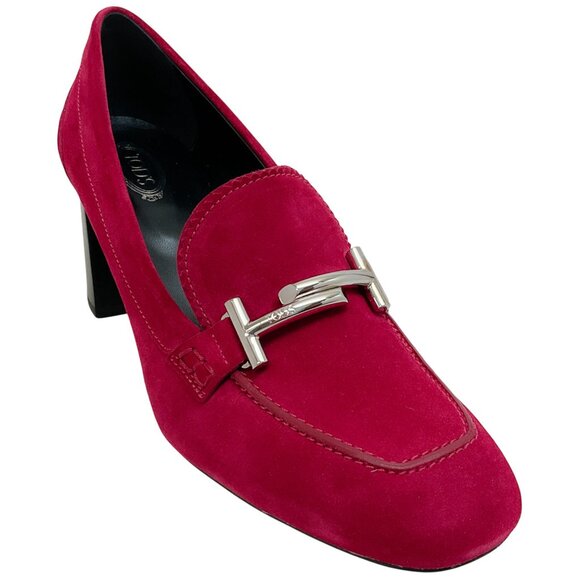 Tod's Raspberry Suede Double T Heeled Loafers - Picture 1 of 6